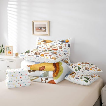Erosebridal Kids Camping Full Comforter Set with Sheets 7 Piece Camper Bedding for Bunks,Rv Bed in A Bag Accessories for Travel Trailers,Campfire Pine Tree Bear Paws Woodland Adventure Bed Set