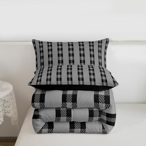 jejeloiu Black Plaid Bedding Set Soft for Boys Girls, Stripes Comforter Set King Size Check Checkered Duvet Quilt Microfiber Grid Geometric Bedroom Decor 3 Pcs with 2 Pillow Cases
