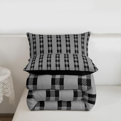jejeloiu Black Plaid Bedding Set Soft for Boys Girls, Stripes Comforter Set King Size Check Checkered Duvet Quilt Microfiber Grid Geometric Bedroom Decor 3 Pcs with 2 Pillow Cases