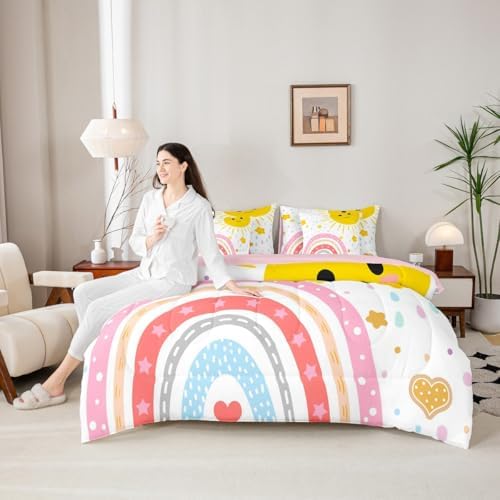 Erosebridal Rainbow Girlsbed in A Bag with Sheets Cute Sun Bedding Set for Kids Teen Colorful Kawaii Rainbow King Comforter Set 7 Piece Cartoon Stars Love Heart Bed Set Bedroom Decor