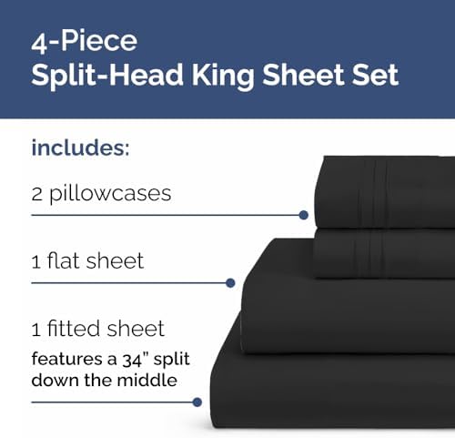 Flex Top Split Head King 4 Piece Sheet Set - Ultra-Soft, Breathable - Black