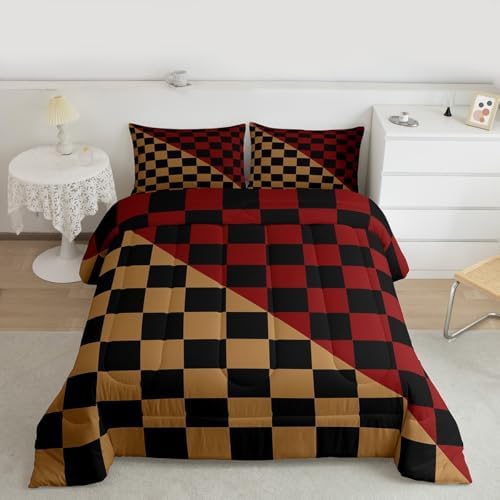 Feelyou Checkered Retro Bedding Set for Boys Girls Modern Geometric Cute Comforter Set Twin Size Brown Red Duvet Quilt Vintage Simple Groovy Aesthetic Bedroom Decor 2 Pcs with 1 Pillow Cases