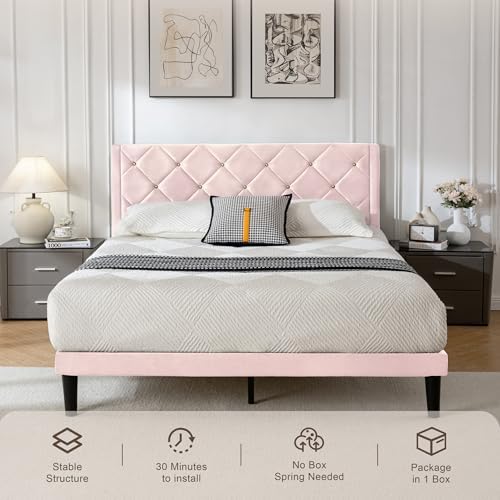 Queen Size Platform Bed Frame with Velvet Headboard