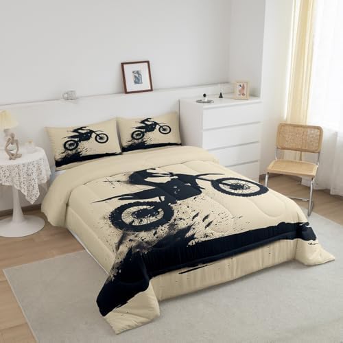 Feelyou Cool Motocross Comforter Set Toddler Size Dirt Bike Bedding Set Ultra Soft Motorcycle Racer Comforter for Kids Boys Girls Motorcycle Duvet Quilt Bedroom Decor Motorbike Quilt