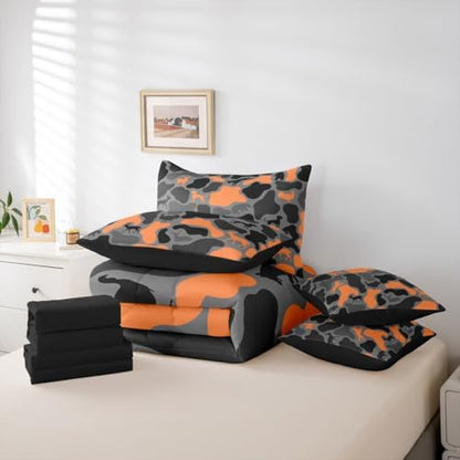 Erosebridal Hunter Deer 7 Piece Bedding Set Queen Camouflage Comforter Set with Sheets Black Orange Army Camo Woods Bed in a Bag Hound Bear Wolf Turkey Pattern for Kids Boys Girls