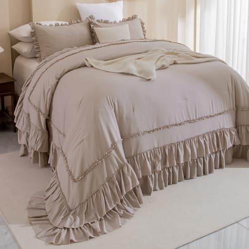 Masaca Ruffled Oversized King Comforter 128x120,Vintage Farmhouse Shabby Boho Chic Bedding Set 3 Pieces Taupe Lightweight French Country Bedding (1 Ruffle Comforter +2 Pillowcases)