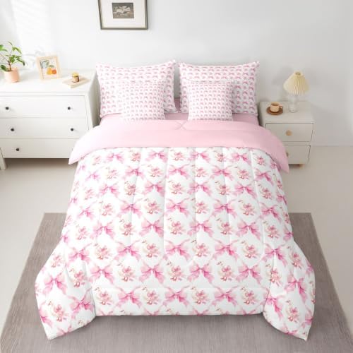 Erosebridal Cute Goose Duck Bedding Set Twin for Kids Girls Girly Ribbon Bow 7 Pieces Comforter Set with Sheets Geometric Grid Cartoon Animal Bed in a Bag Teen Adults Pink Watercolor Bowknot Bed Sets