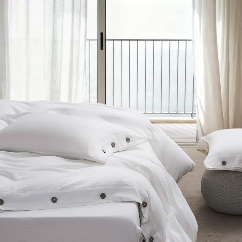 JELLYMONI Washed Cotton Duvet Cover - Off White, Queen Size 90x90 Inches, 3-Piece Bedding Set with Button Closure, Includes 1 Duvet Cover & 2 Pillowcases (Comforter Not Included)