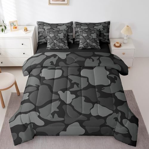 Erosebridal Farmhouse Fishing Comforter Set Full Bass Fish Bedding Set Camouflage Wildlife Bed in a Bag Camo Hunting (Comforter+Fitted+Flat Sheet+2 Pillowcases+2 Throw Pillow Covers) 7 Pieces Bed Set