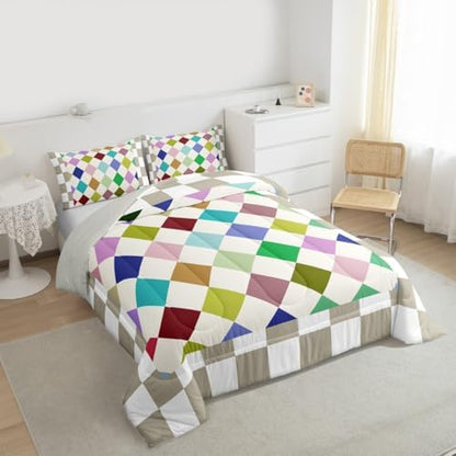 Checkered Geometric Comforter Set Queen Size Blue Green Pink Beige Brown Plaid Bedding Set Kids Boys Girls Checkerboard Modern Aesthetic Duvet Quilt Reversible Grey Decor 3 Pcs with 2 Pillow Cases