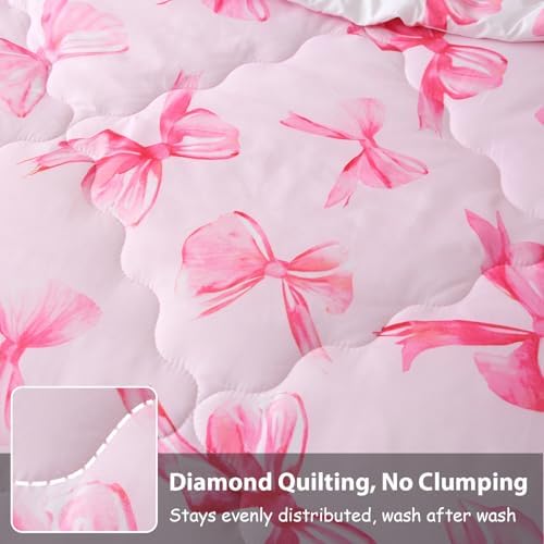 7 Piece Pink Bow Bedding Set for Girls Kids Queen Size Reversible Bowknot Comforter Set Super Soft Bed in a Bag Microfiber Lightweight Bed Set for Teens Room Decor