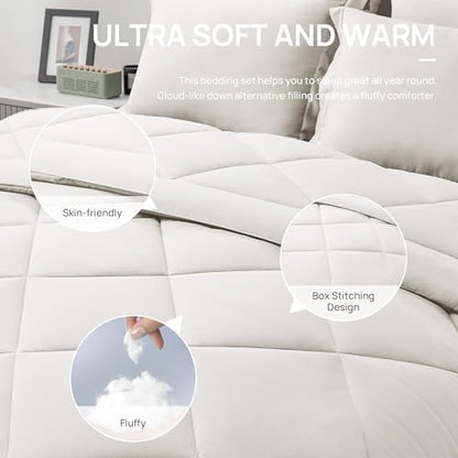 Love's cabin Twin Comforter Set Off White, 5 Pieces Twin Bed in a Bag, All Season Bedding Sets with 1 Comforter, 1 Flat Sheet, 1 Fitted Sheet, 1 Pillowcase and 1 Pillow Sham
