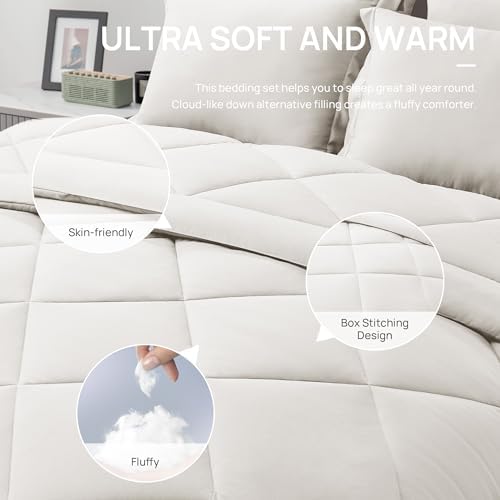 Love's cabin Twin XL Comforter Set Off White, 5 Pieces Twin XL Bed in a Bag, All Season Bedding Sets with 1 Comforter, 1 Flat Sheet, 1 Fitted Sheet, 1 Pillowcase and 1 Pillow Sham