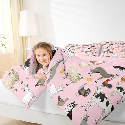 Feelyou Pink Farm Animal Comforter Set Toddler Size Cute Animal Bedding Set for Kids Boys Girls Farm Theme Duvet Quilt Cartoon Bedroom Decor 2 Pcs with 1 Pillow Cases