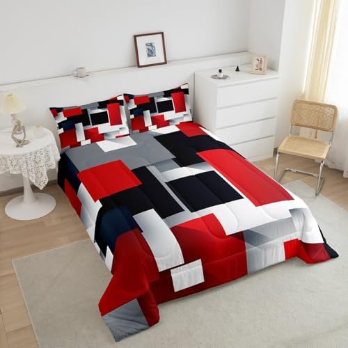 Castle Fairy 3D Geometric Comforter Set Full Size,Red Black Grey Abstract Square Bedding Set for Girls Teens Bedroom Present,Colorful Plaid Print Soft Chic Microfiber Quilted Duvet with 2 Pillowcases