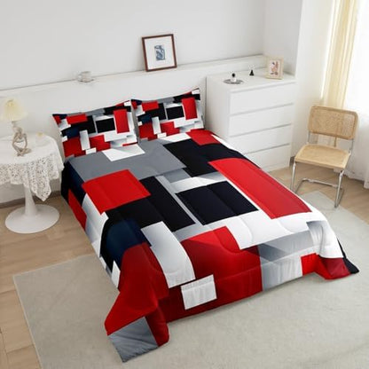Castle Fairy 3D Geometric Comforter Set Full Size,Red Black Grey Abstract Square Bedding Set for Girls Teens Bedroom Present,Colorful Plaid Print Soft Chic Microfiber Quilted Duvet with 2 Pillowcases