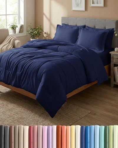 King Comforter Set - 7 Piece Bed in a Bag King Size Bed Set - Navy Blue