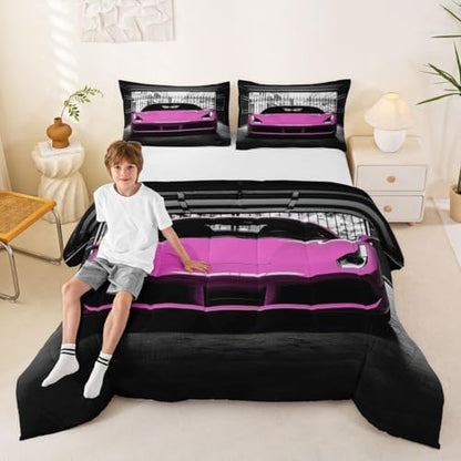 Feelyou Boys Pink Race Car Comforter Set King Size Pink Luxury Car Bedding Set for Kids Boys Girls Extreme Sports Duvet Quilt Fast and Furious Bedroom Decor 3 Pcs with 2 Pillow Cases