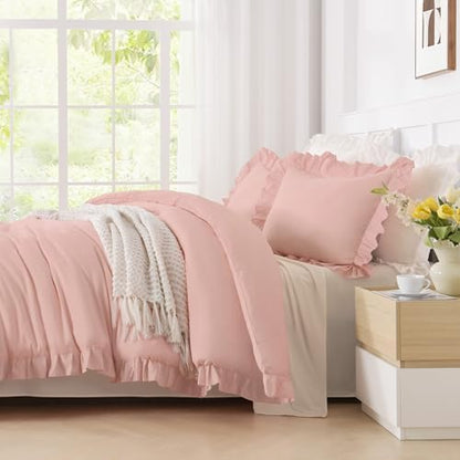 Andency Oversized King Comforter Set, 3 Pcs Blush Ruffle Chic Bedding Set