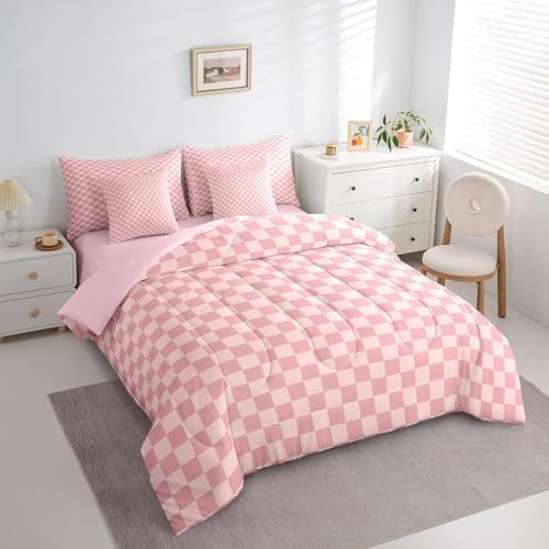 jejeloiu Pink Plaid Bedding Set 7Pcs Queen Size Kids Checkered Comforter Set with Sheets for Boys Girls Classic Grid Buffalo Check Bed in a Bag Soft Lightweight,Microfiber