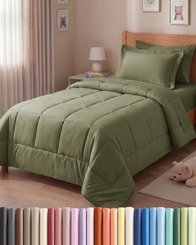 Twin Comforter Set - 5 Piece Bed in a Bag Twin Size Bed Set - Sage Green
