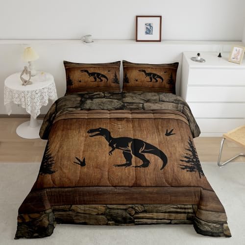 Manfei Dinosaur Kids Comforter Set Twin Size, Wild Animal Bedding Set for Boys Adults Bedroom Decor, Rustic Farmhouse Brown Wooden Plank Down Comforter, Soft Polyester Quilt Set, 1 Pillowcase