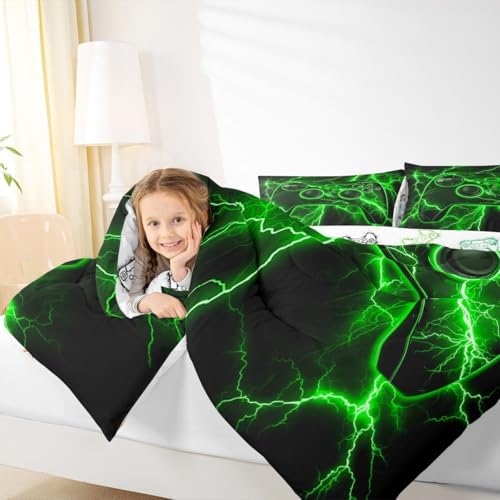 Erosebridal Gamer Comforter Set Gaming King Bedding Set, Video Game Console Comforter Green Lightning Duvet Insert,Boys Bedroom Decor
