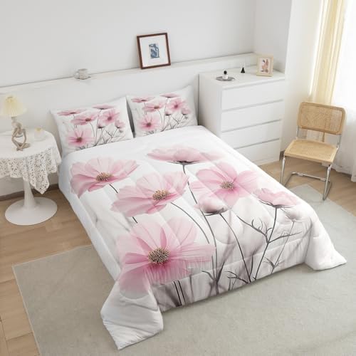 jejeloiu Floral Flower Comforter Set Queen Size Kids Pink Wildflower Bedding Set for Boys Girls Teens Botanical Duvet Breathable Minimalist Aesthetics Quilt Bedroom Decor,1 Comforter with 2 Pillowcase