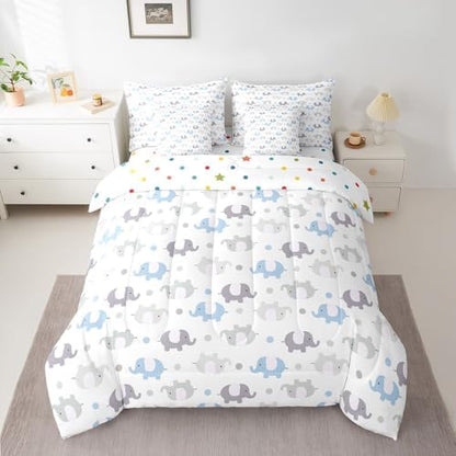 Erosebridal Elephants Full Comforter Set 7 Piece for Kids Boys Girls Cartoon Zoo Animal Bedding Set Blue Grey Elephants Bed in A Bag with Sheets Cute Safari Wildlife Bed Set