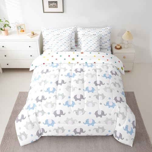 Erosebridal Elephants Twin Comforter Set 7 Piece for Kids Boys Girls Cartoon Zoo Animal Bedding Set Blue Grey Elephants Bed in A Bag with Sheets Cute Safari Wildlife Bed Set