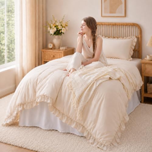FUANNA Twin/Twin XL Comforter Set, Ruffle Bed Set, 2 PCS Bedding Set, Beige
