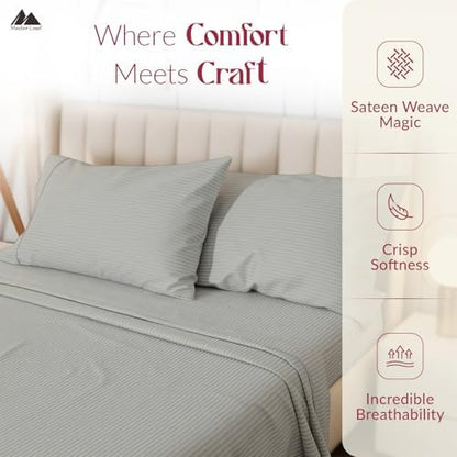 Mayfair Linen 100% Egyptian Cotton California King Sheet Set - Luxury 800 Series Striped Egyptian Cotton Cal King Sheets (4 PC, Silver Stripe), Silky Soft Cooling 16" Deep Pocket Damask Hotel Sheets