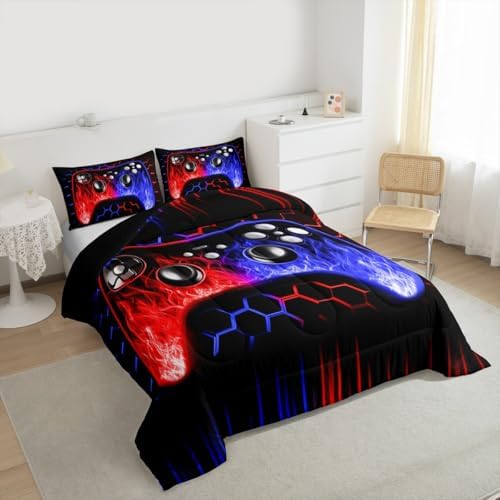 Erosebridal Ombre Art Honeycomb Gaming Consoles Bedding Set Red Blue Neon Lights Game Consoles Toddler Bedding Sets for Boys Geometry Hexagon Beehive Duvet Insert Gamer Room Decor for Boys