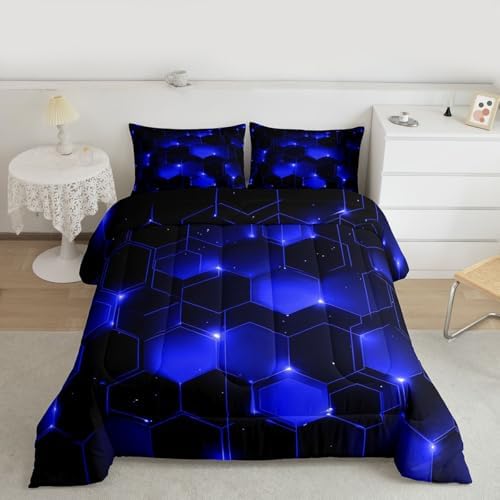 Feelyou Blue Black Honeycomb Comforter Set Twin, Honeycomb Comforter for Kids Boys Girls Beehive Hexagon Bedding Set Geometric Duvet Durable Quilt Twin Size