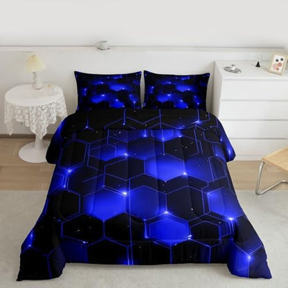 Feelyou Blue Black Honeycomb Comforter Set Twin, Honeycomb Comforter for Kids Boys Girls Beehive Hexagon Bedding Set Geometric Duvet Durable Quilt Twin Size