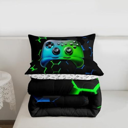 Castle Fairy Games Reversible Comforter Set Queen Size Blue Green Modern Honeycomb Hexagon Bedding Set for Kids Boys Bedroom Decoration Gaming Bed Duvet Insert Geometric Comforter with 2 Pillowcase