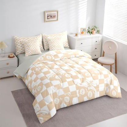 Lucky 8 Ball Comforter Set Twin Size,Girly Fashion Y2K 7 Piece Bedding Set For Kids Boys Girls,Coquette Cherry Bow Bed In A Bag With Sheets For Preppy Room Decor,Beige White Checkerboard Plaid Bed Set