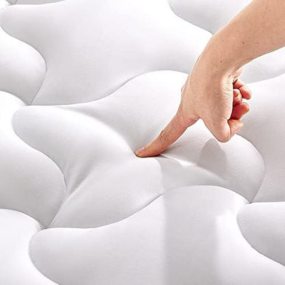 SLEEP ZONE Cooling Mattress Topper Short Queen Mattress Pad, Quilted Fitted Mattress Cover, Machine Washable, Soft Fluffy Mattress Protector, Deep Pocket 8~21 inch(White, Short Queen)