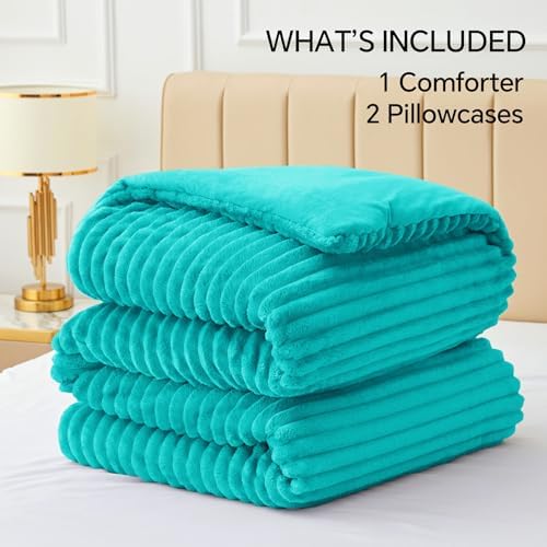 BEDELITE Fleece King Comforter Set, Fluffy Bed Set, Teal