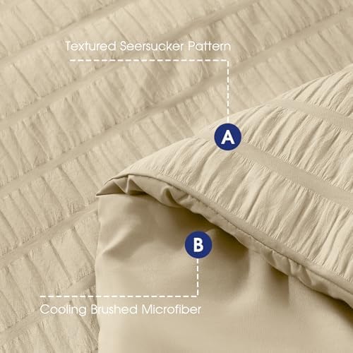 FreshCulture Comforter Set Seersucker 7 Pieces, All Season Bedding Set King, Bed in a Bag Comforter Set with 1 Comforter, 1 Flat Sheet, 1 Fitted Sheet, 2 Pillowcases and 2 Pillow Shams, Beige