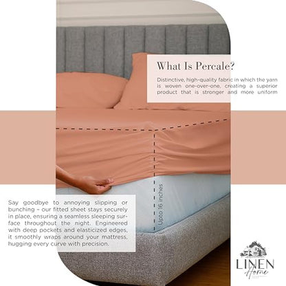 Linen Home 100% Cotton Percale Sheets Twin Size Pack of 2, Tera Clay, Deep Pocket, 6 Pieces Set- 2 Flat, 2 Fitted and 2 Pillowcases, Crisp Cool and Long Staple Strong Bed Linen