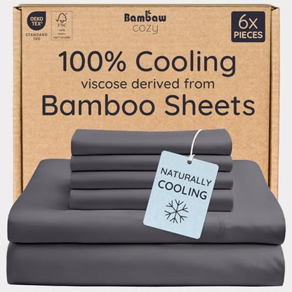 Bambaw 100% Viscose Derived from Bamboo Queen Size Sheet Set - 6pcs Cooling, Deep Pocket Fits Up to 16'' with Elastic Corner Straps, Queen Soft Sheets (Charcoal)