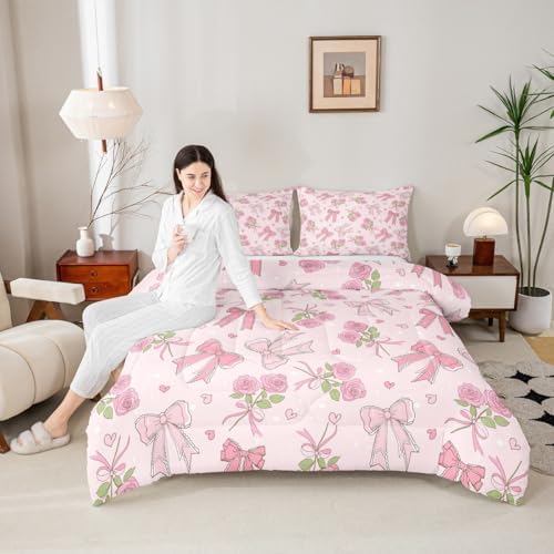 Castle Fairy Pink Bowknot Queen Size Comforter Set,Vintage Farmhouse Kawaii Pink Roses Duvet Insert for Kids Teens Adults,Romantic Princess Style Bedding Comforters for Bedroom Decor,3 Pcs