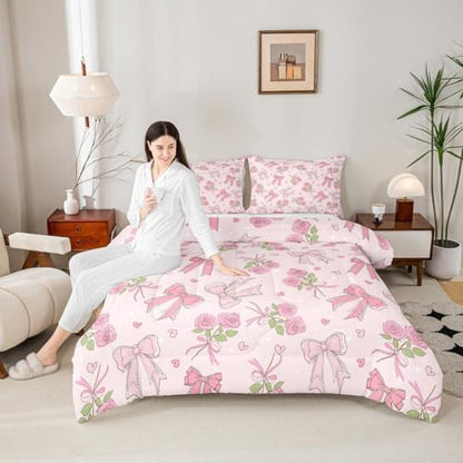 Castle Fairy Pink Bowknot Queen Size Comforter Set,Vintage Farmhouse Kawaii Pink Roses Duvet Insert for Kids Teens Adults,Romantic Princess Style Bedding Comforters for Bedroom Decor,3 Pcs