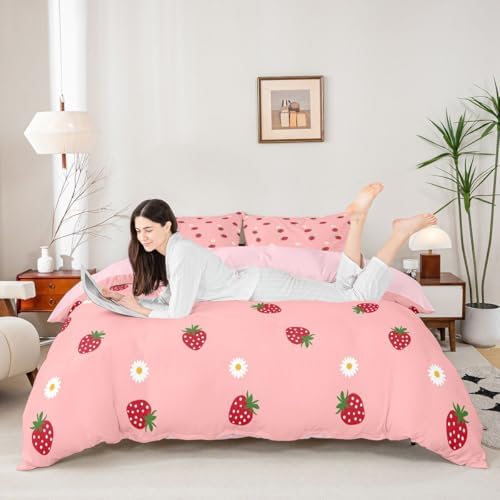 Strawberry Comforter Cover Set Tropical Fruit Bedding Set for Girls Kids Teen Cute Cartoon Fruits Pattern Duvet Cover Soft Microfiber Reversible Bedspread,1 Duvet Cover with 2 Pillowcases, Full