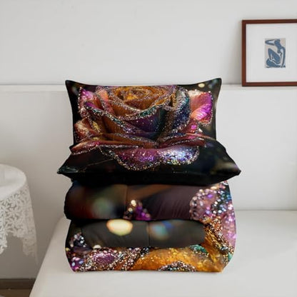 jejeloiu Glitter Rose Comforter Set Queen Size Kids Floral Flower Bedding Set for Boys Girls Teens Garden Flower Duvet Breathable Romantic Quilt Bedroom Decor,1 Comforter with 2 Pillowcase