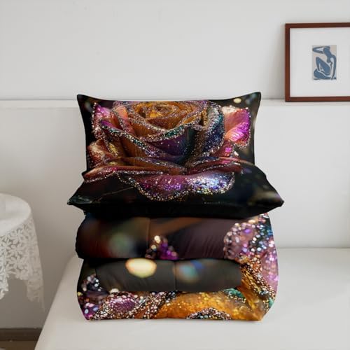 jejeloiu Glitter Rose Comforter Set Twin Size Kids Floral Flower Bedding Set for Boys Girls Teens Garden Flower Duvet Breathable Romantic Quilt Bedroom Decor,1 Comforter with 1 Pillowcase