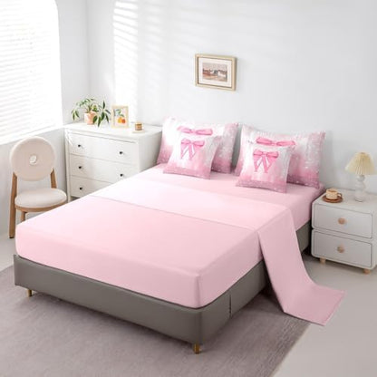 Feelyou Boys Girls Pink Bowknot Comforter Set with Sheets King Size, Personalized Initial W 7 Pieces Bedding Set Princess Glitter Bed in A Bag Kids Bow Monogrammed Teens Bed Set Bedroom Decor 7Pcs