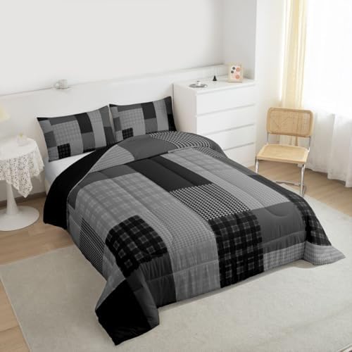 jejeloiu Plaid Kids Comforter Set King Size Farmhouse Patchwork Bedding Set Check Checkered Duvet Quilt for Kids Boys Girls Bedroom Rustic Lodge Cabin Decor Microfiber Ultra Soft Breathable