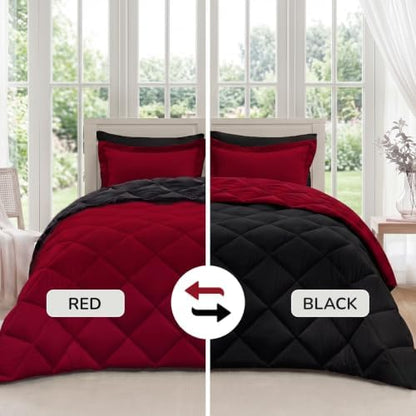 downluxe Queen Comforter Set Soft Reversible 7 Pieces, Black/Red